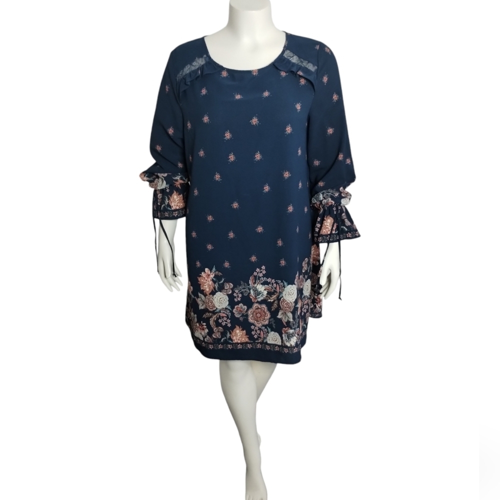 Xhilaration Womens Blue Floral Long Sleeve Peasant Shift Dress Size‎ XL Boho